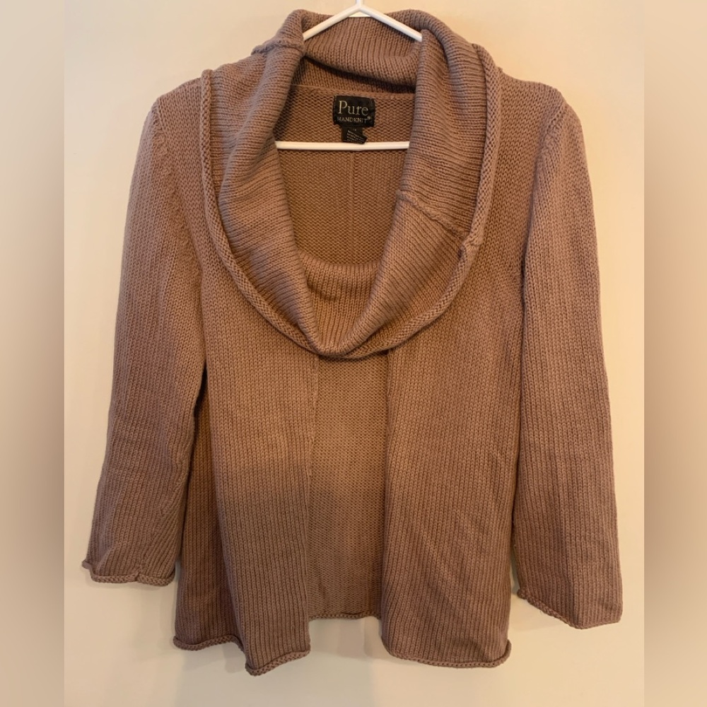 PURE Handknit Cowl Neck Sweater in Tan